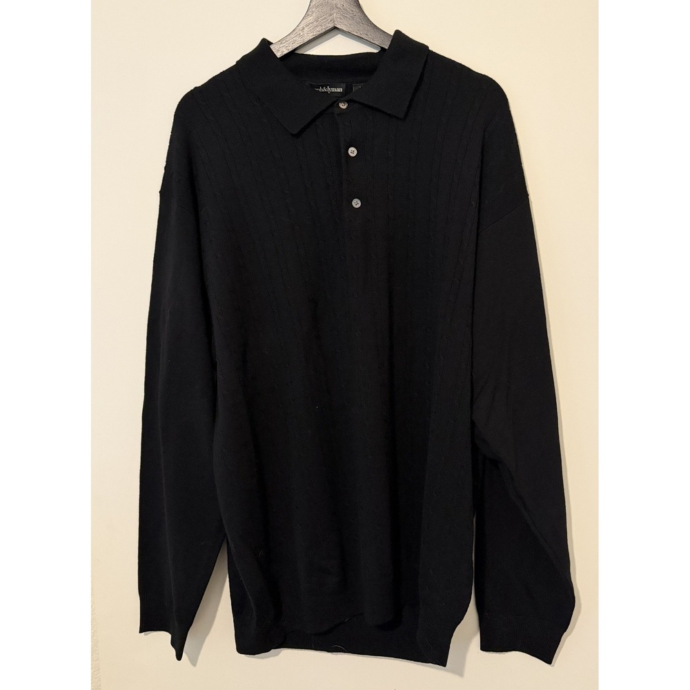 Joseph & Lyman Mens XXL Black Extrafine Merino Wool Long Sleeve Polo Sweater